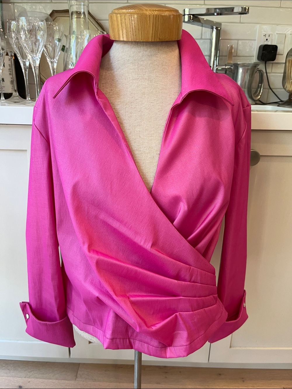 Lillie Rubin Fuchsia Taffeta Finish Wrap-Front Collared Blouse with back zip
